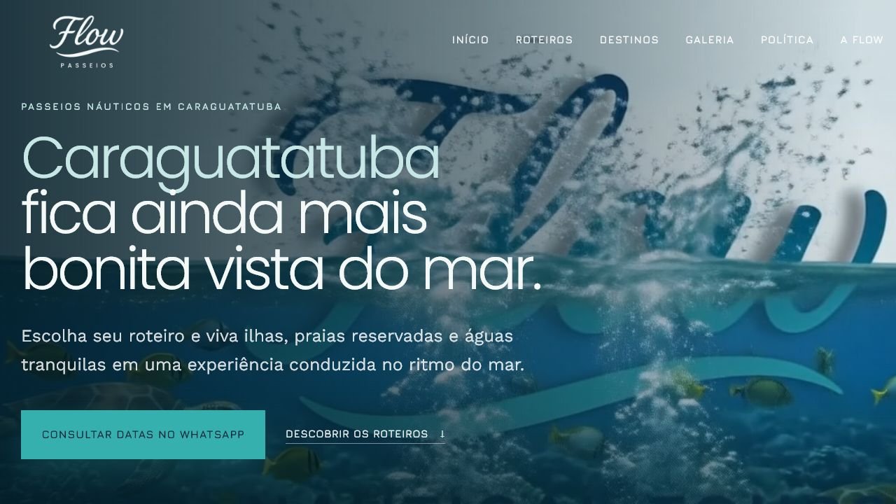 Página inicial do site Flow Passeios Náuticos, com destaque para passeios em Caraguatatuba