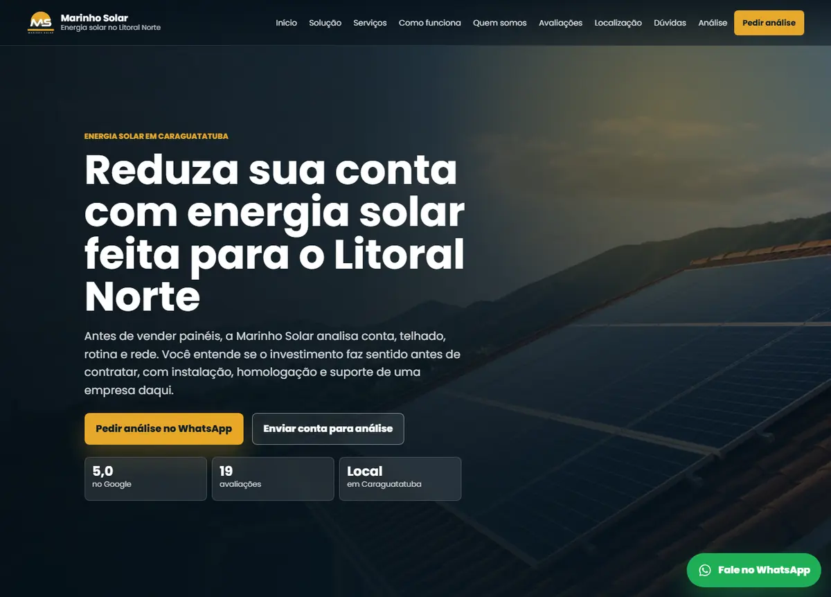 Página inicial do site Marinho Solar, com apresentação de energia solar no Litoral Norte